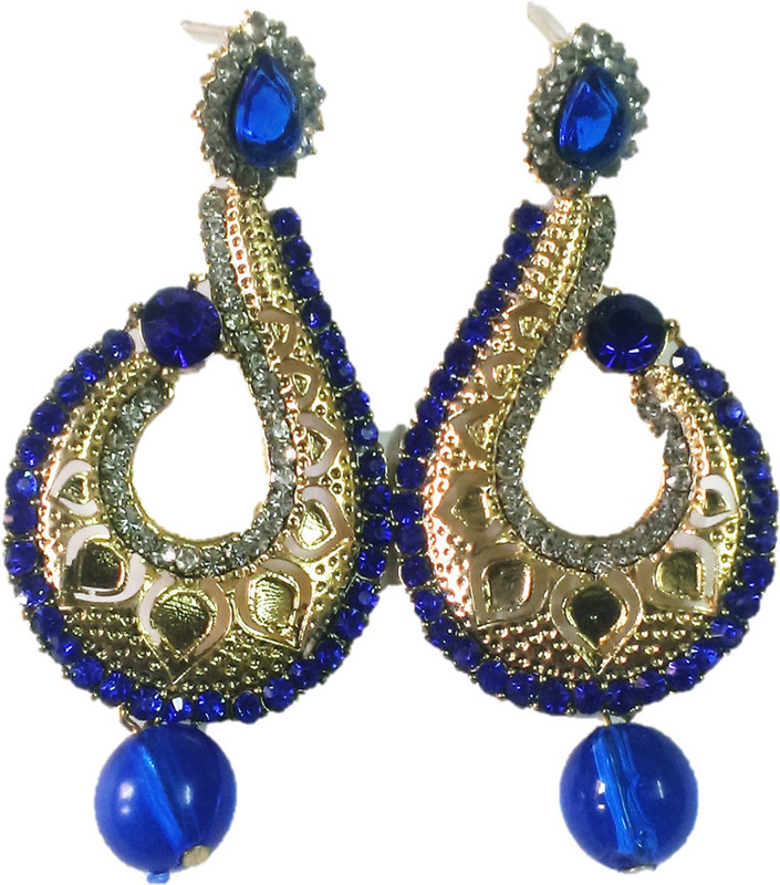 vishub creations Blue stones studded Golden drop earrings Metal Drops & Danglers