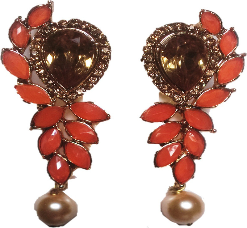 vishub creations Orange Studded Pearl Drop Golden Earrings Metal Drops & Danglers