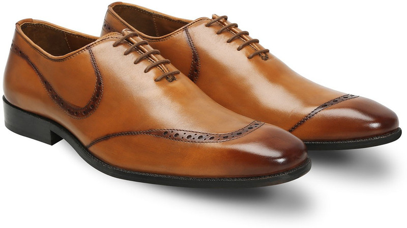 Brune Tan leather hand painted quarter brogue formal shoe for men Lace Up For Men(Tan)