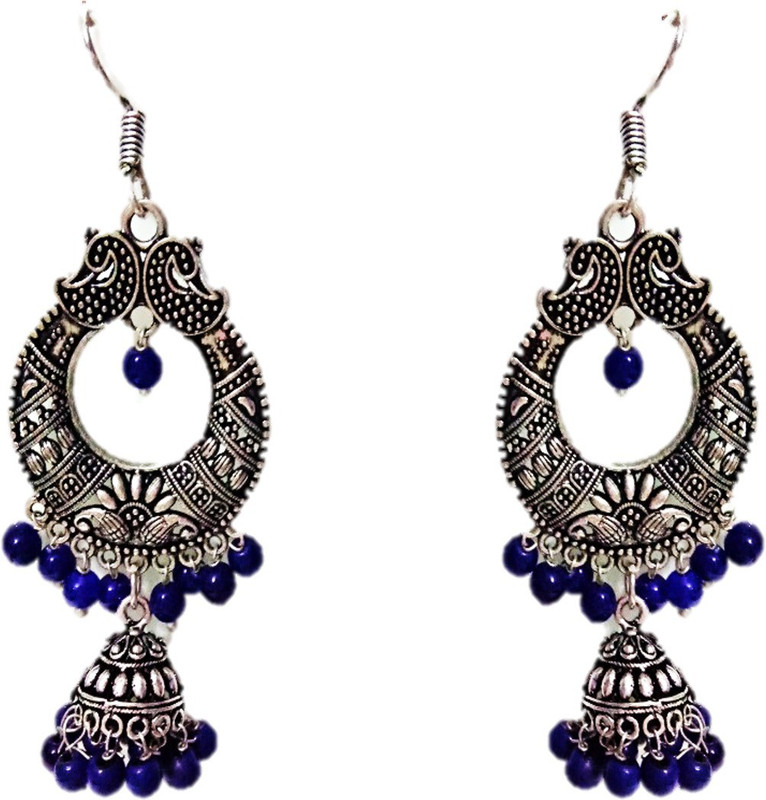 vishub creations German Silver Chandbali Jhumki with Dark Blue Beads German Silver Drops & Danglers