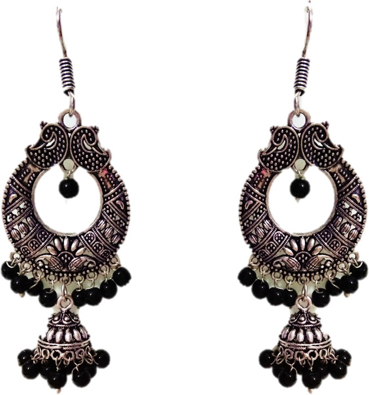 vishub creations German Silver Chandbali Jhumki with Black Beads German Silver Drops & Danglers