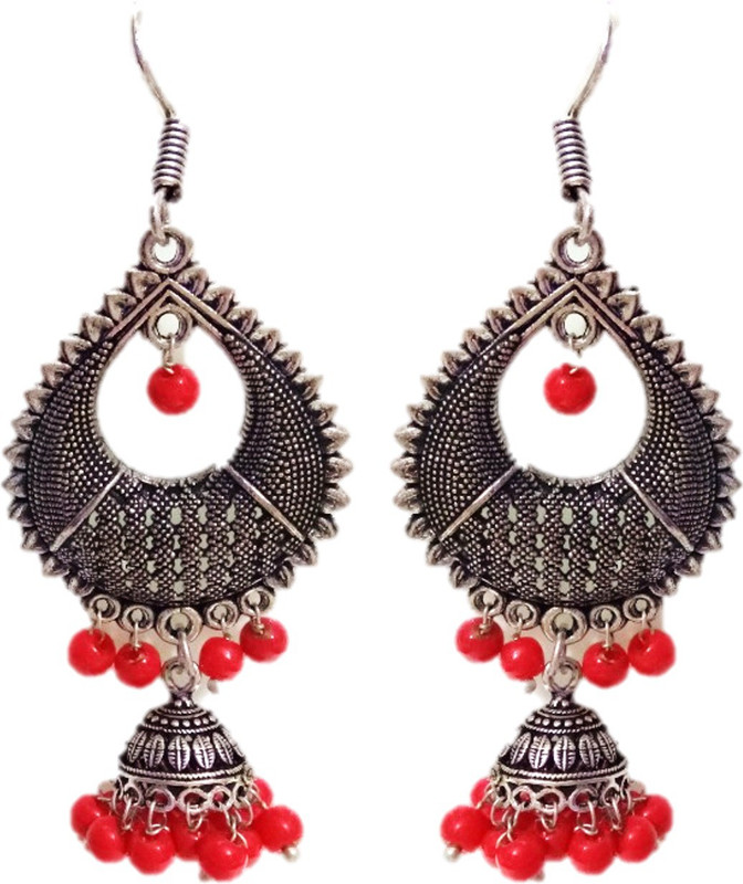 vishub creations Red Beads German Silver Dangle Drop Earrings with Jhumki German Silver Drops & Danglers