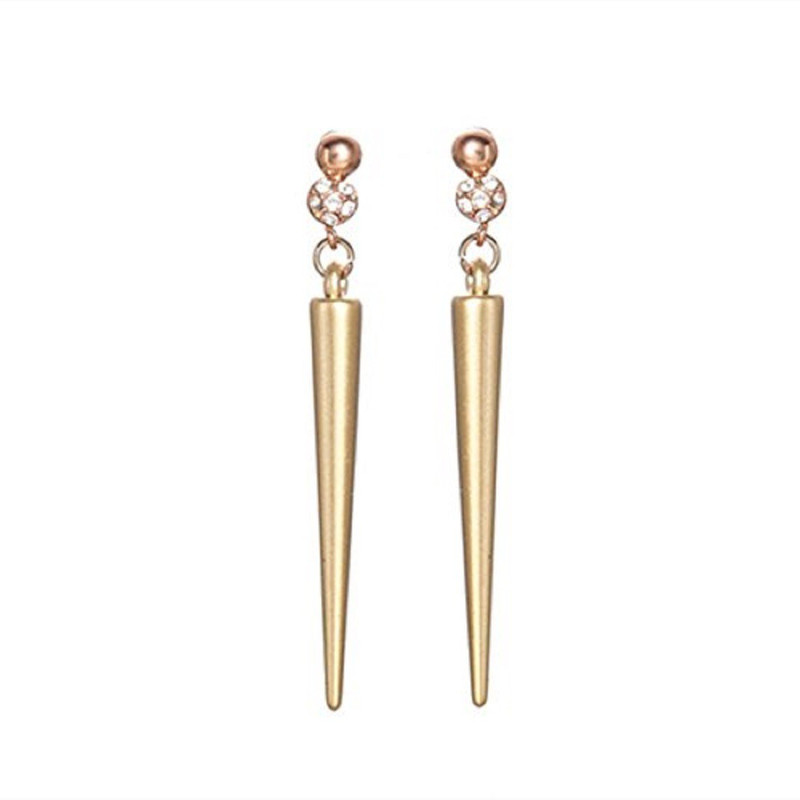 bold n elegant Matte Gold Long Rivet Earrings Punk Style Spike Earrings Rhinestone Embellished Drop Earrings Crystal Alloy Stud Earring