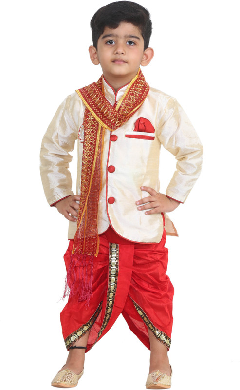 stylokids Boys Festive & Party Kurta, Dhoti Pant & Dupatta Set(Beige Pack of 3)