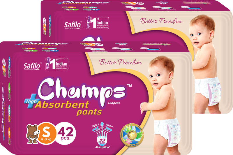 Champs champs High Absorbent Premium Pant Style Diaper | Premium Pant Diapers (Small, 42 Pieces) - pack of 2 - S(84 Pieces)