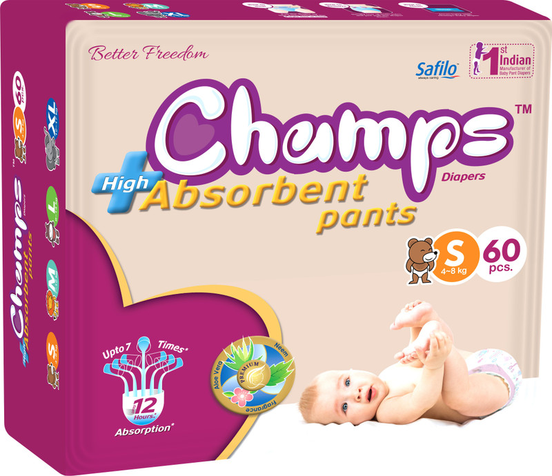 Champs champs High Absorbent Premium Pant Style Diaper | Premium Pant Diapers (Small, 60 Pieces) - S(60 Pieces)