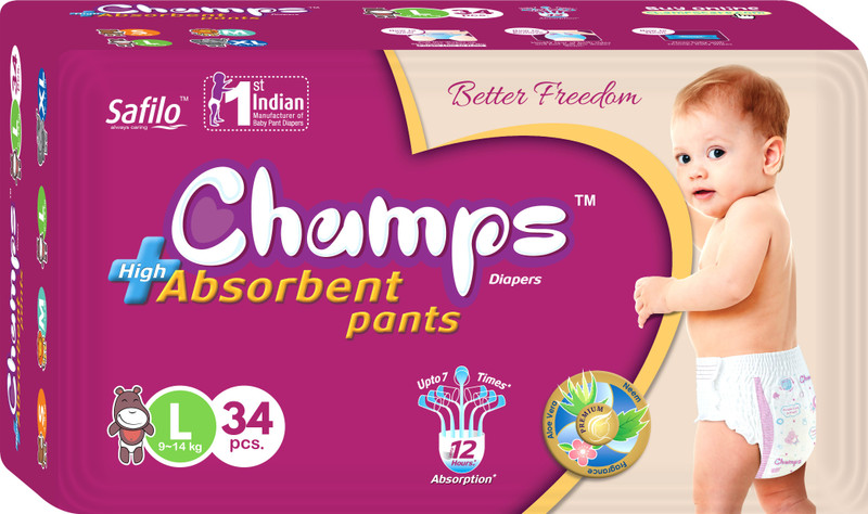 Champs champs High Absorbent Premium Pant Style Diaper | Premium Pant Diapers (Large, 34 Pieces) - L(34 Pieces)