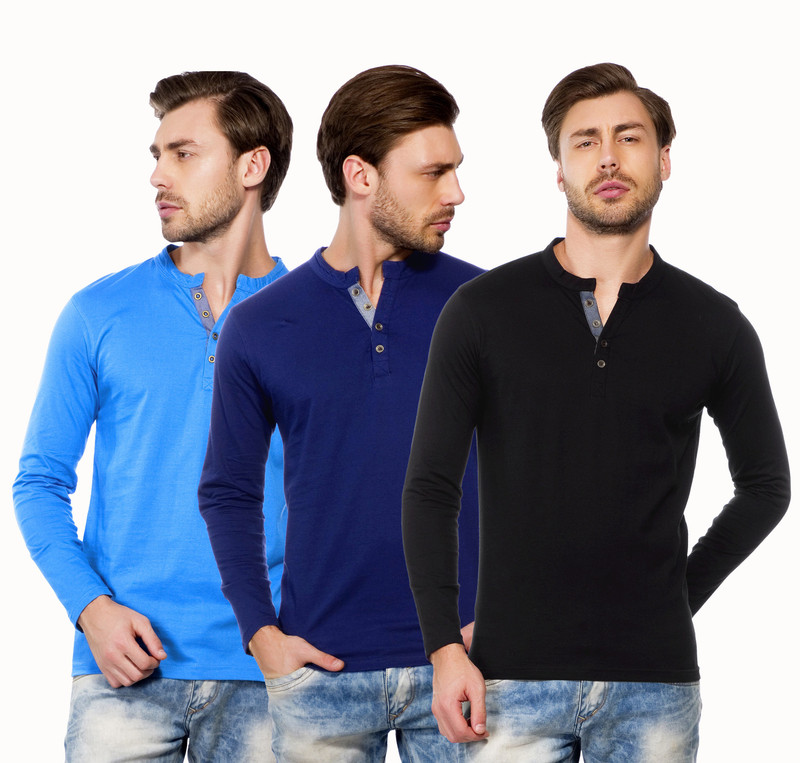Maniac Solid Men Henley Blue, Black, Dark Blue T-Shirt(Pack of 3)
