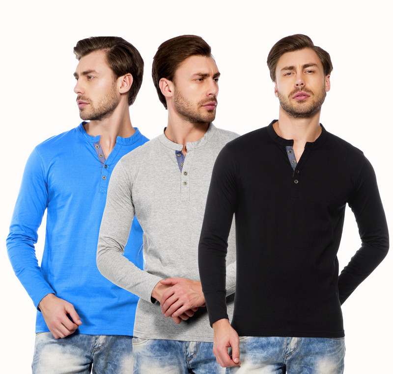 Maniac Solid Men Henley Grey, Blue, Black T-Shirt(Pack of 3)