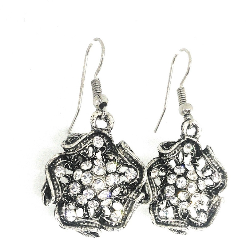 khubsurat Oxidized Silver Tone Fashion Designer Stone Stud Fish Hook Earring Cubic Zirconia Metal Drops & Danglers