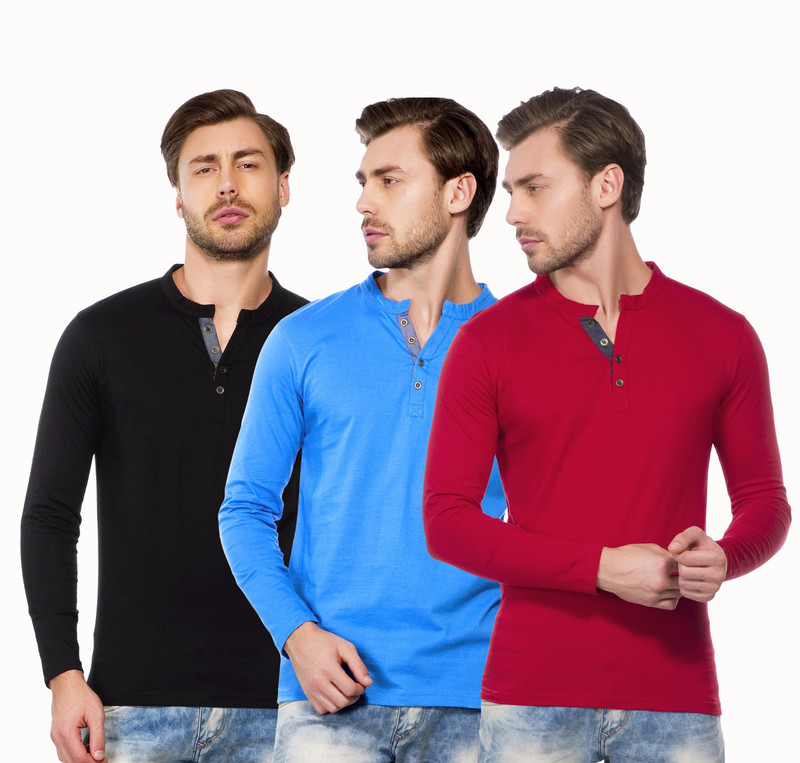 Maniac Solid Men Henley Red, Blue, Black T-Shirt(Pack of 3)