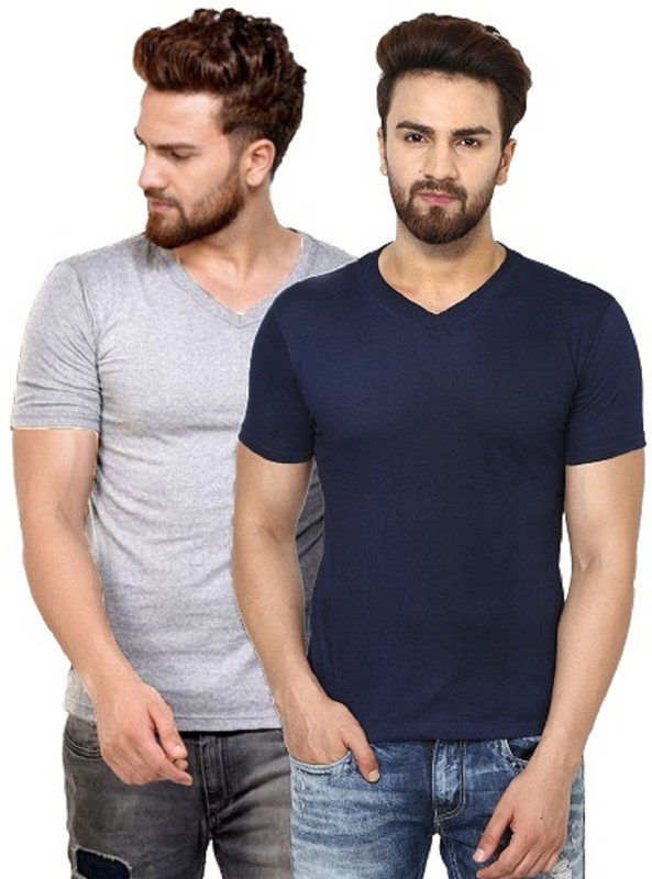 The Archer Solid Men V-Neck Grey, Dark Blue T-Shirt(Pack of 2)