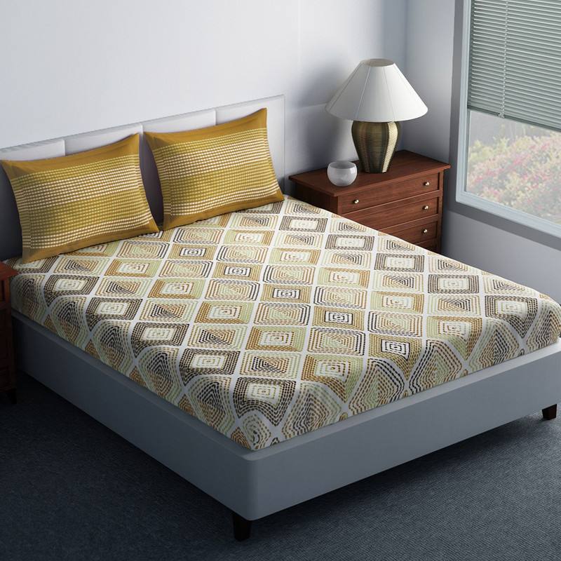 SPACES 144 TC Cotton Double King Abstract Bedsheet(1N Double Bedsheet, 2N Pillow Covers, Brown)