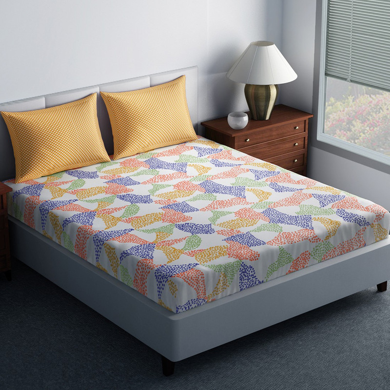 SPACES 144 TC Cotton Double King Abstract Bedsheet(1N Double Bedsheet, 2N Pillow Covers, Yellow)