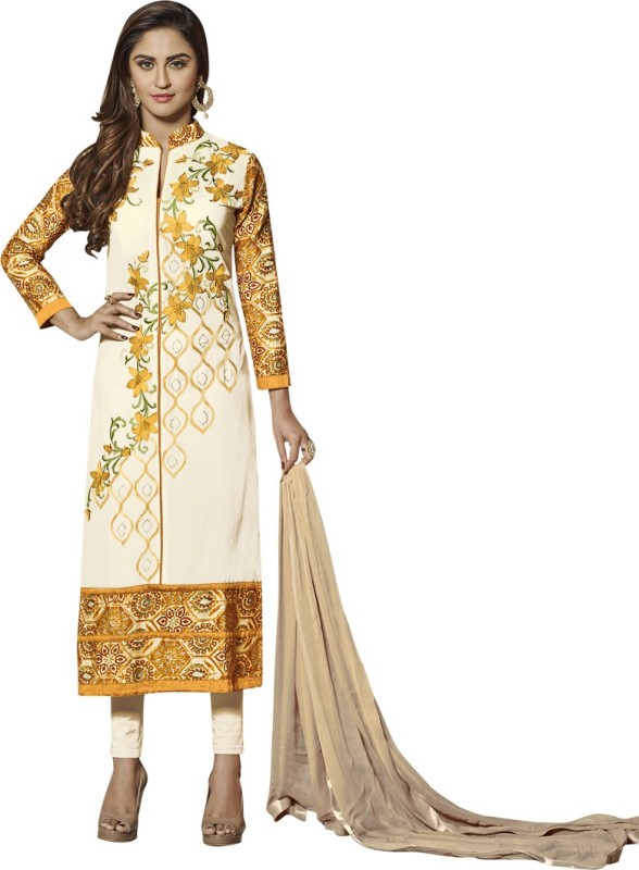 Saara Cotton Blend Embroidered, Embellished Salwar Suit Material(Semi Stitched)