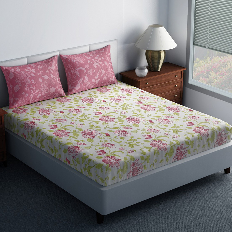 SPACES 144 TC Cotton Double King Floral Bedsheet(1N Double Bedsheet, 2N Pillow Covers, Brick)