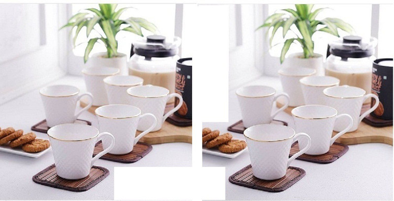ezra Tableware Stylish Gold Line White Designer Serving Tea Coffee Cup Set, 12 Pcs Bone China(White)
