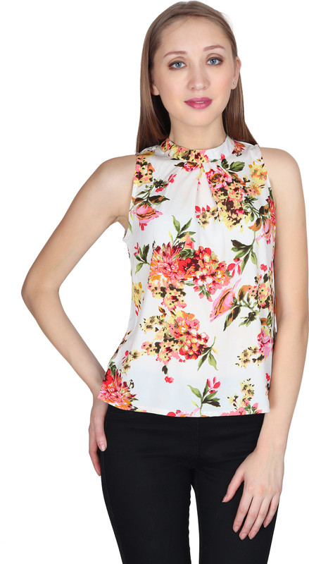 two lucky Casual Sleeveless Floral Print Women Beige Top
