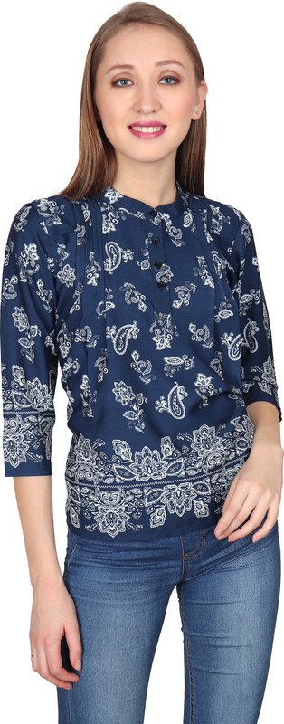 two lucky Casual 3/4 Sleeve Floral Print Women Blue Top