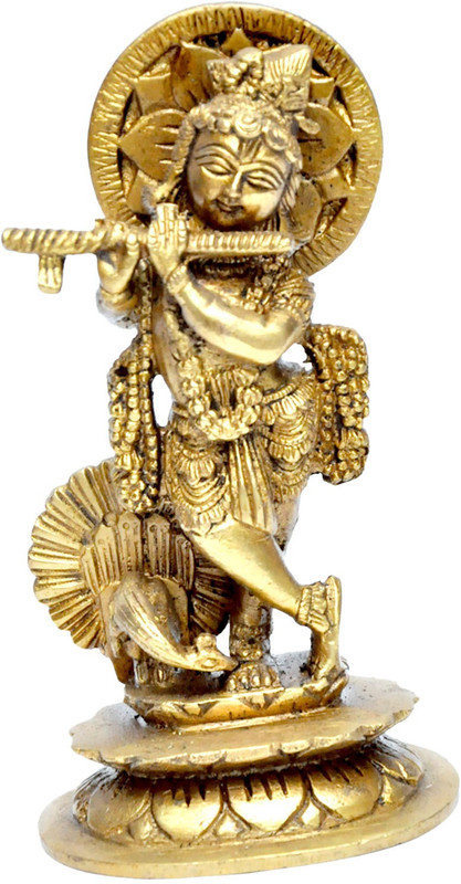 mpcrafts MP Crafts Brass Lord/Bhagwan Krishna Flute/Murli Playing with Peacock Statue/Murti Idol for Home Temple, Pooja, Showpiece, Home Decor, Gift, and Festival Decorative Showpiece  -  6.5 cm(Brass, Gold)
