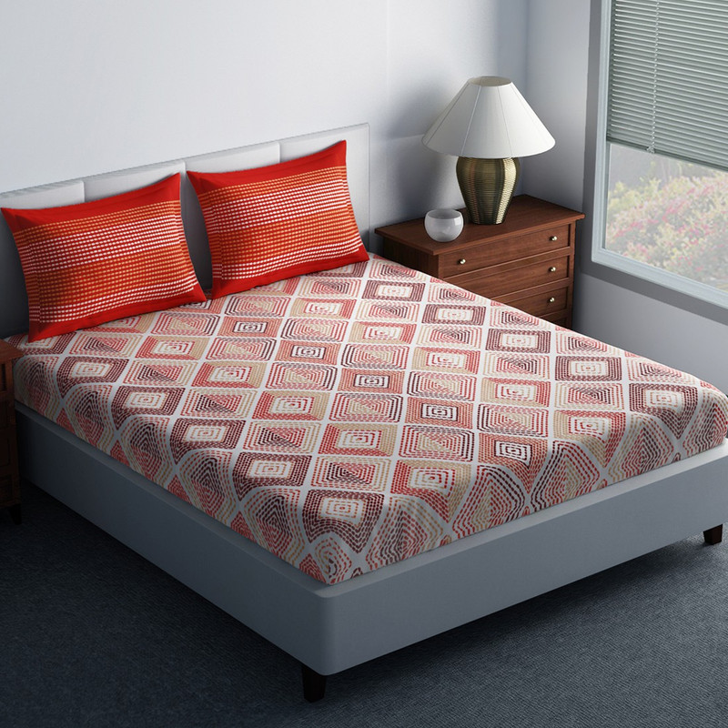 SPACES 144 TC Cotton Double King Abstract Bedsheet(1N Double Bedsheet, 2N Pillow Covers, Red)