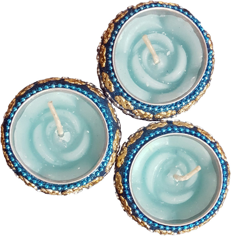 aakaar21 Rose flower shape with highly scented round wax blue candle with resusable decorative diya -4/3cm Candle(Blue, Pack of 3)