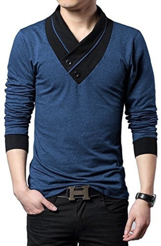 Try This Self Design Men V-neck Blue T-Shirt