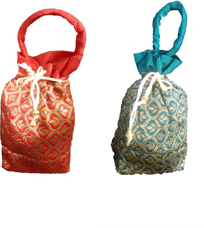 aakaar21 Brocade Designer combo Golden flower indian potli ethnic drawstring bag for marriage /retuen gift /women bag and other occasion -green and red colour-20H/15L/7W SIZE-regular Potli(Tan, Red, Green)