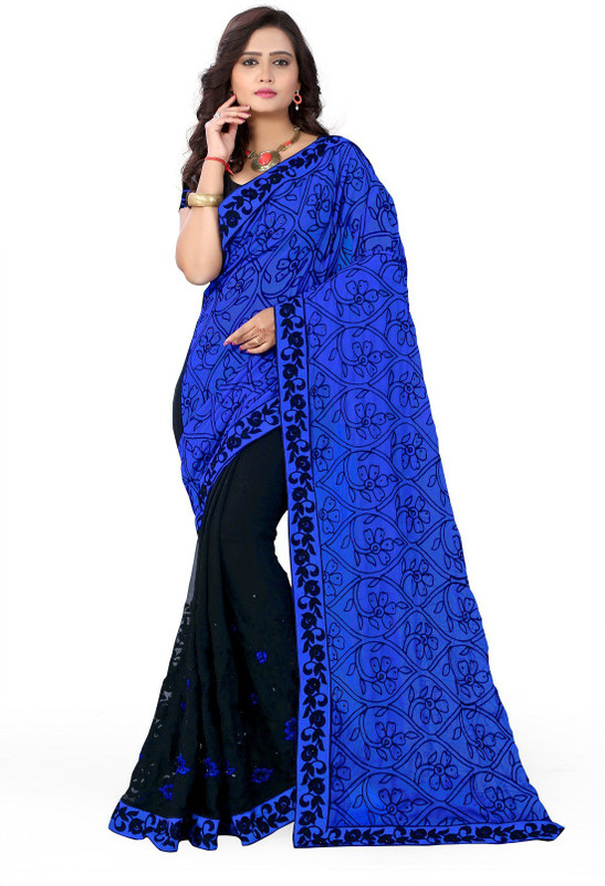 arriva fab Self Design Fashion Poly Georgette Saree(Black, Blue)