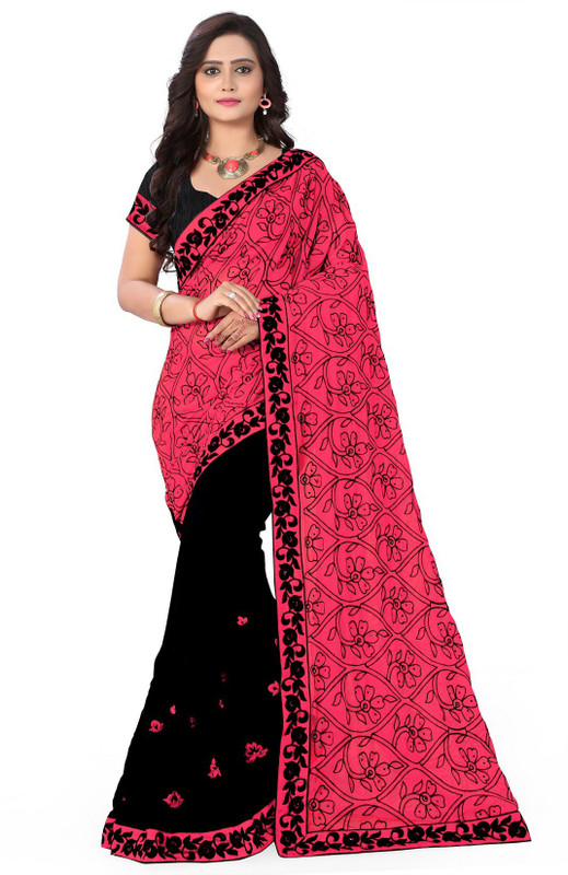 arriva fab Embroidered Fashion Poly Georgette Saree(Black, Pink)