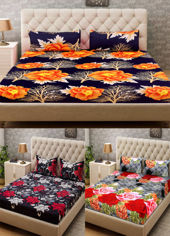 kihome 144 TC Microfiber Double Floral Bedsheet(Pack of 3, Orange:Black:Pink)