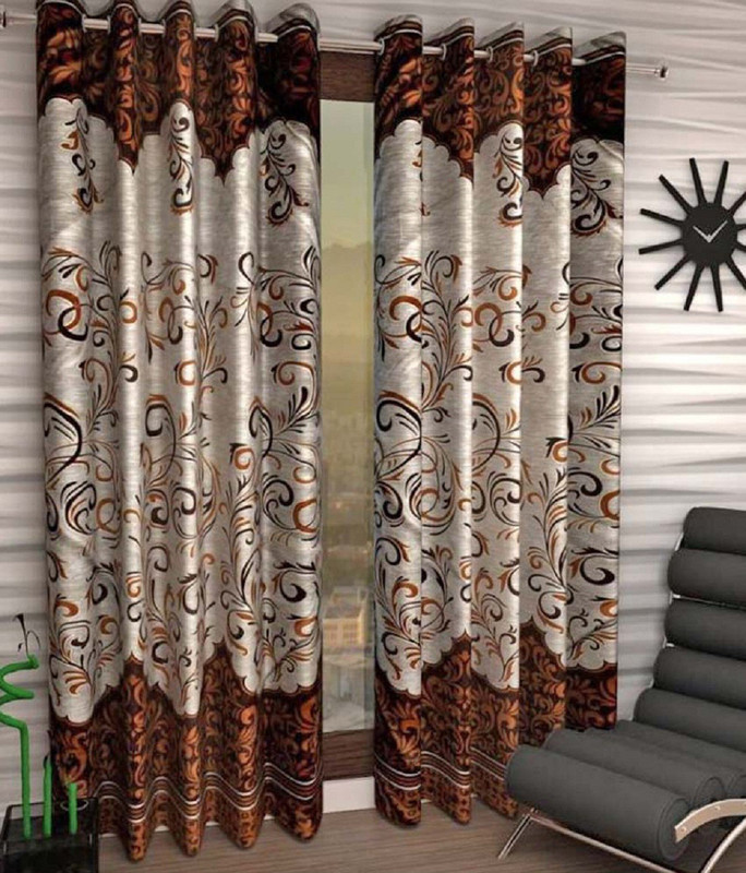 broom 212 cm (7 ft) Polyester Door Curtain (Pack Of 2)(Floral, Brown)