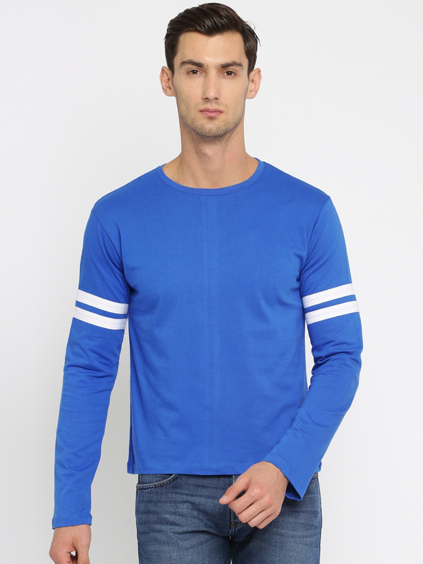 SayItLoud Solid Men Round or Crew Blue, White T-Shirt