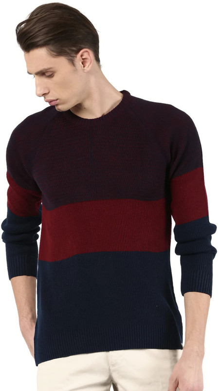 ether Solid Round Neck Casual Men Red, Dark Blue Sweater