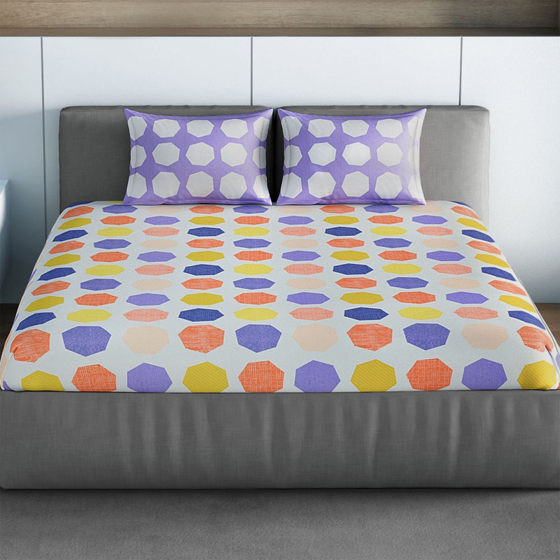 SPACES 144 TC Cotton Double Geometric Bedsheet(1pcs Double Bedsheet with 2pcs Pillow Covers, Purple)
