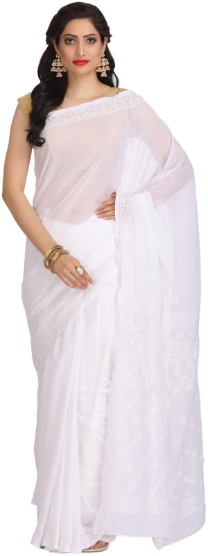 Ada Embroidered Lucknow Chikankari Handloom Georgette Saree(White)