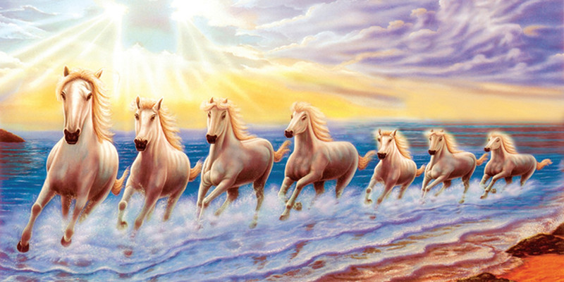"vastu poster" white 7 horse running sticker poster (24 x 12 inch) Paper Print(12 inch X 24 inch, roll)