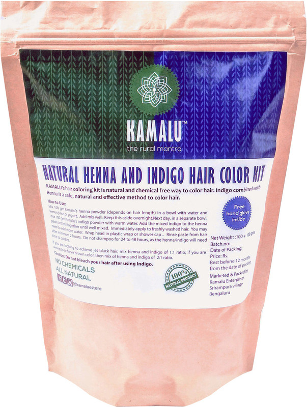 kamalu Henna & Indigo All Natural Hair Color Kit with FREE glove 200grams(100g henna+100g indigo combo)Handmade powder Hair Color(Brown to Black)