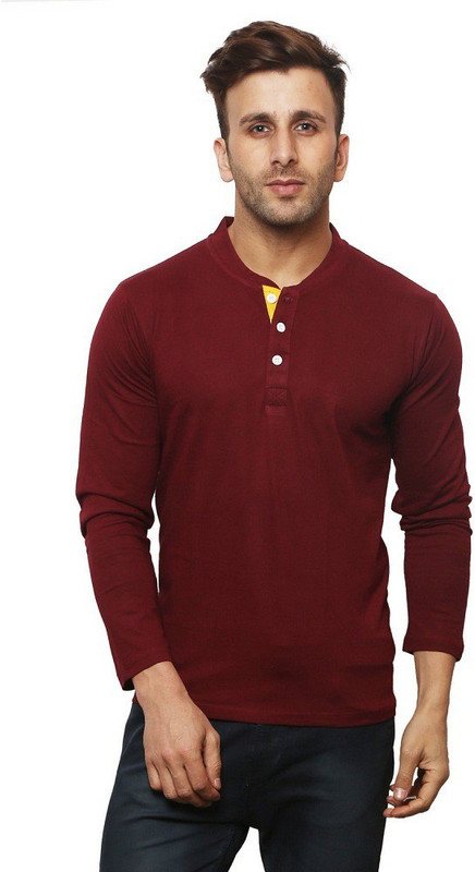 Leana Solid Men Henley Maroon T-Shirt