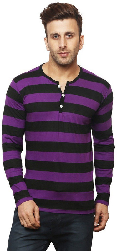 Leana Striped Men Henley Purple, Black T-Shirt