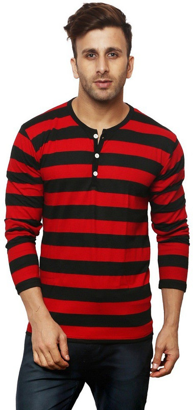 Leana Striped Men Round Neck Red, Black T-Shirt