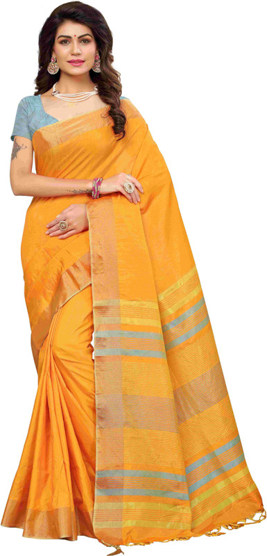 shivgami Striped Banarasi Tussar Silk Saree(Yellow)