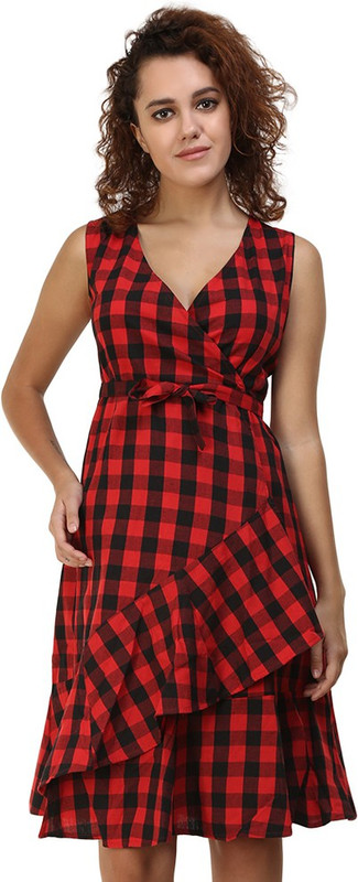 zarkons Women Fit and Flare Red, Black Dress