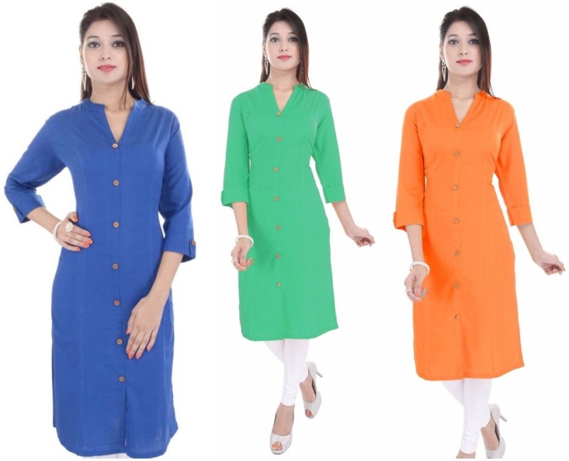 Barari Women Printed, Solid Straight Kurta(Blue, Orange, Light Green)