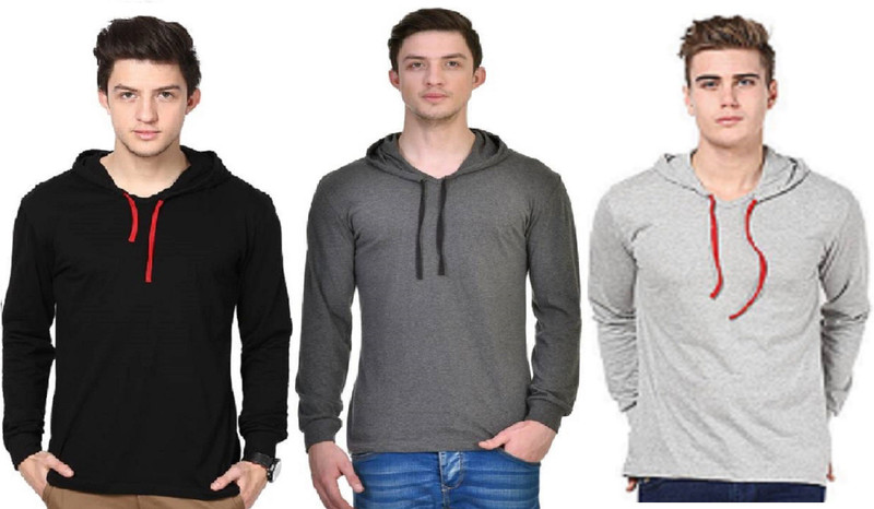steadman Solid Men Hooded Black, Grey T-Shirt(Pack of 3)