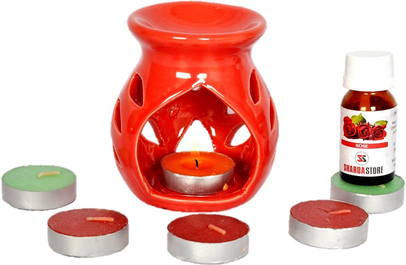 shardastoreindia Color Ceramic aroma oil burner with 15ml Rose aroma oil and 5 Tea light candles, Rose Diffuser Set (Pack of 7)(15 ml)