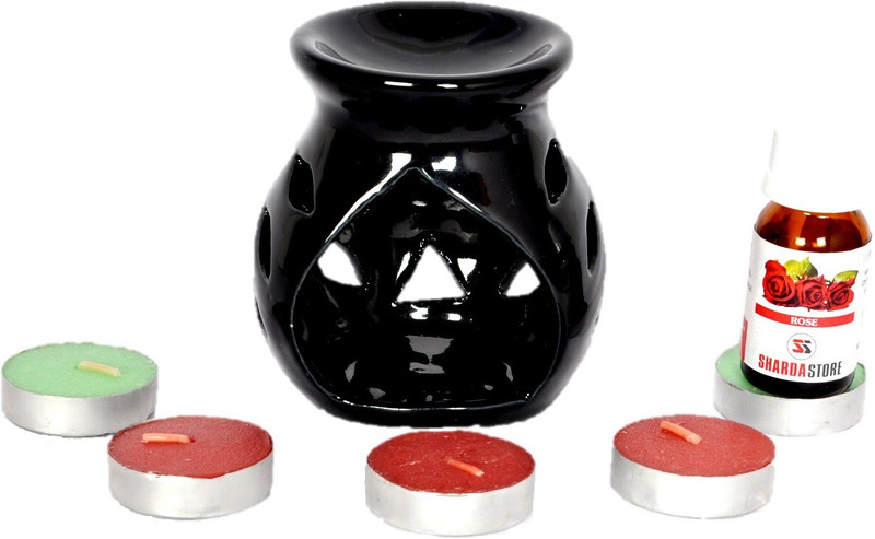 shardastoreindia Color Ceramic aroma oil burner with 15ml Rose aroma oil and 5 Tea light candles Diffuser Set (Pack of 7)(15 ml)