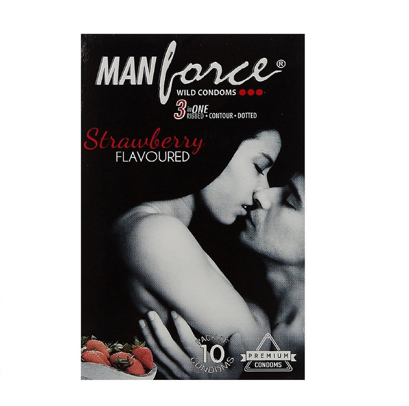 Manforce 3 in 1 Wild Ribbed Contour Dotted Condoms - (Strawberry, Pack of 10) Condom(Set of 10, 10S)