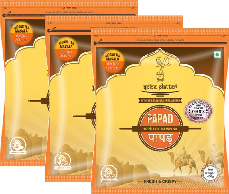 Spice Platter Crispy Moong Tej Masala Papad - Authentic Rajasthani Sajji Papad - Pack of 3 - 400g Each 1200 g(Pack of 3)