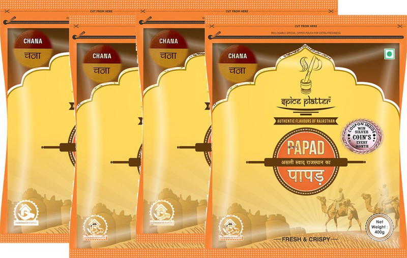 Spice Platter Chana Papad - Authentic Rajasthani sajji Papad - Pack of 4 - 400g each Masala Papad 1600 g(Pack of 4)